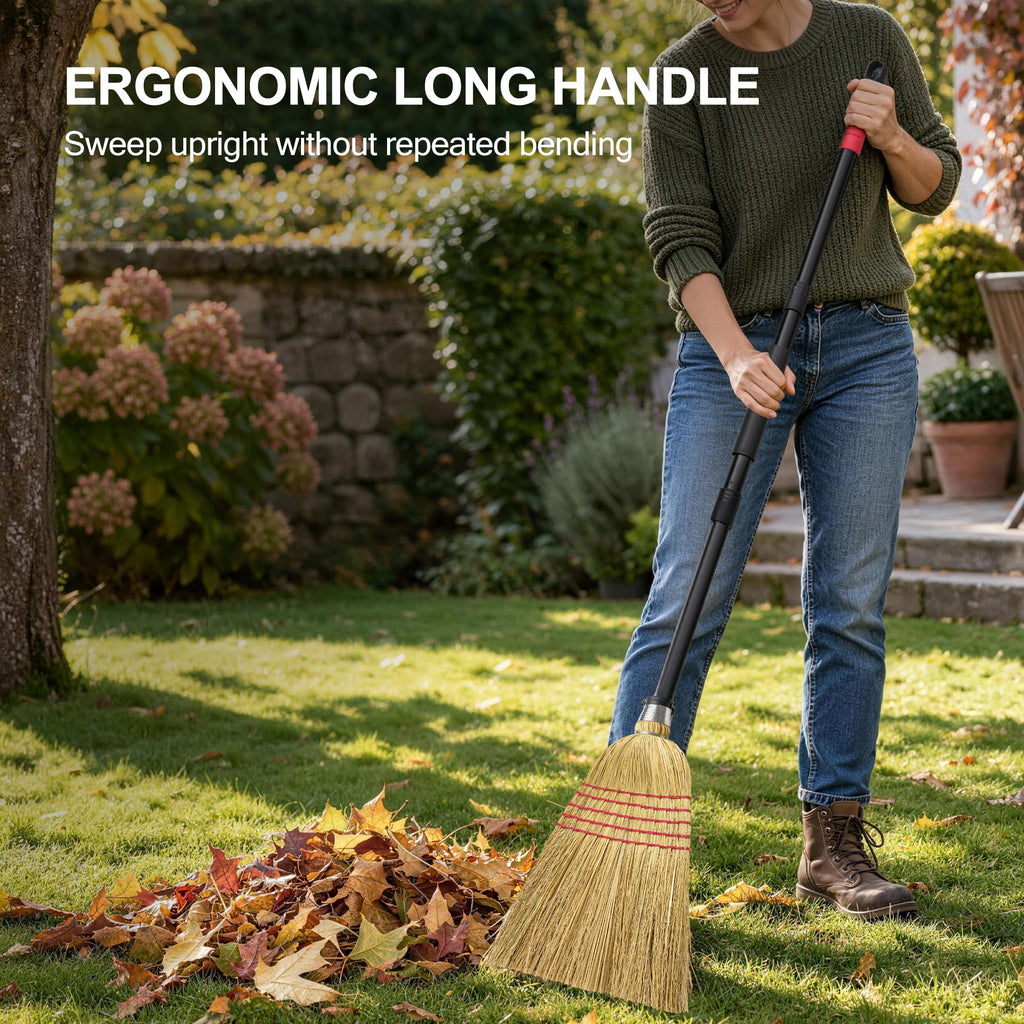 Natural Corn Broom Heavy Duty for Yard, Garden & Garage Cleaning