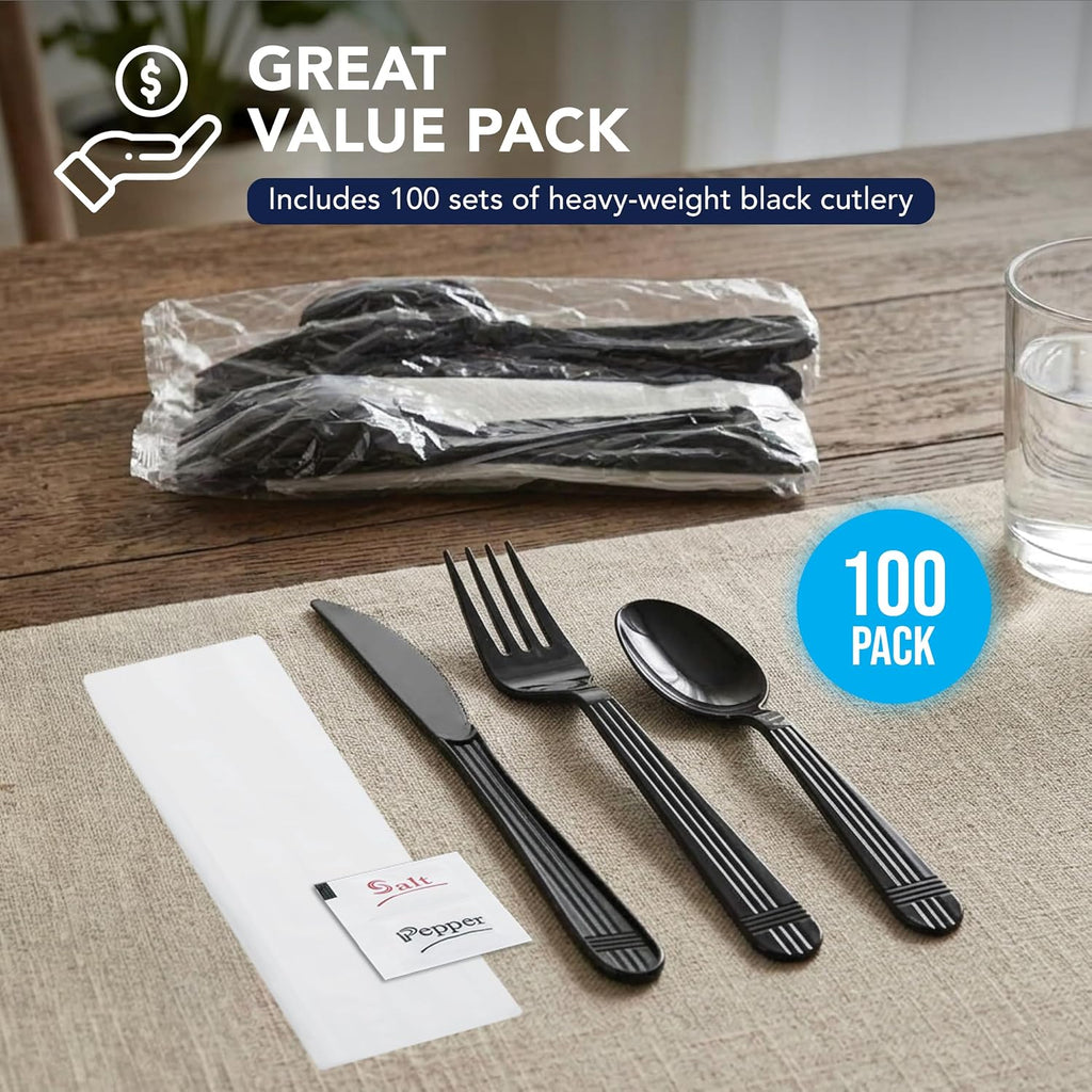 Individually Wrapped Black Plastic Cutlery Packets/Heavy Duty Silverware Kits, Fork/Spoon/Knife/Napkin/Salt/Pepper