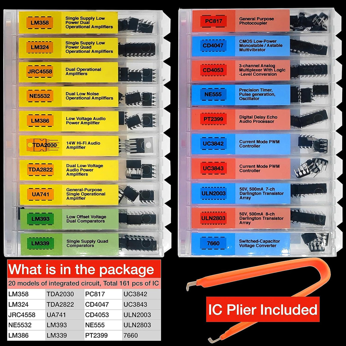 EEEEE IC kit 161 pcs, 20 Models Chip Assortment Set Analog Integrated Circuits Electronics Parts Opamp Pack, 555 Timer Components, Op Amp, Oscillator, Pwm, IC Plier Included UA741 LM358 and More..