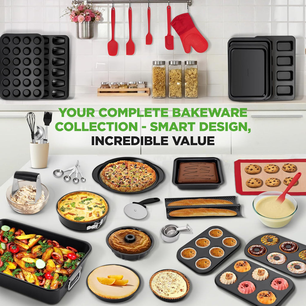 42-Piece Ultimate Nonstick Bakeware Set - Carbon Steel Baking Pans, Everyday Baking Tools, Oven Mitts, & More - Ideal