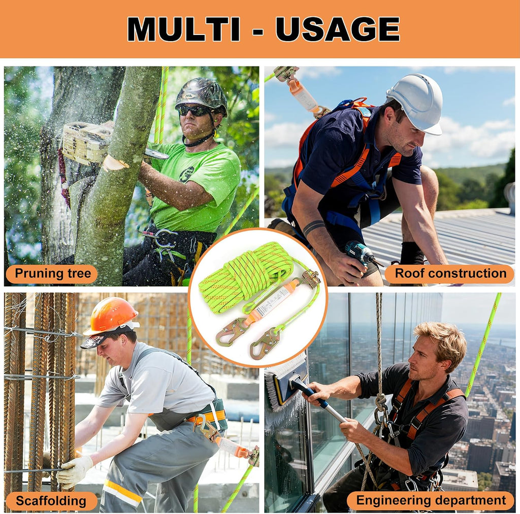 Rope Harness Safety Lanyard 50FT Fall Protection Vertical Roofing Rope | 50FT Anti-fall Safety Rope with Grab Snap