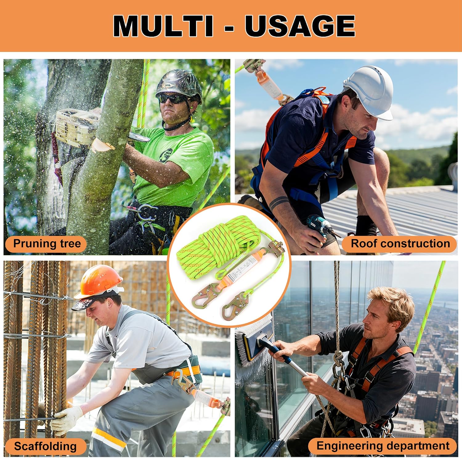 Rope Harness Safety Lanyard 50FT Fall Protection Vertical Roofing Rope | 50FT Anti-fall Safety Rope with Grab Snap