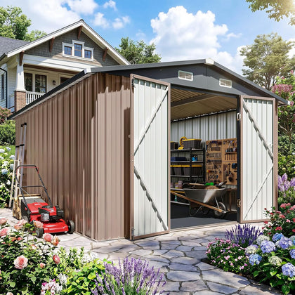 10x12FT Outdoor Storage Shed with Floor Brown | Galvanized Steel Outdoor Metal Shed with Sloop Roof for Bike, Tool