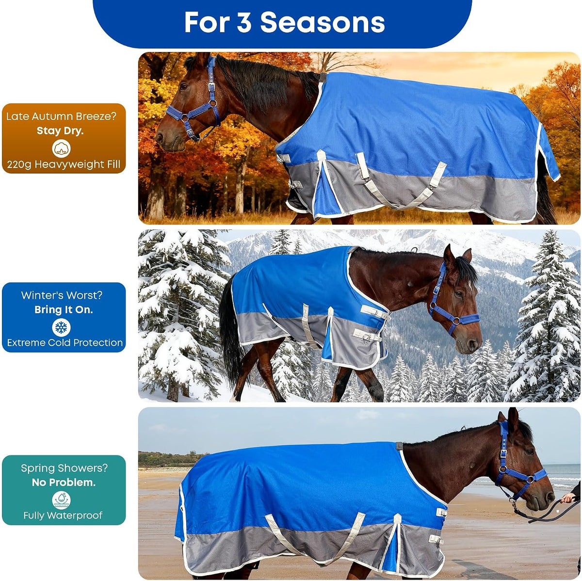 Horse Blanket for Winter, Waterproof, 1200D, 220g (Blue/Gray, 81 in)