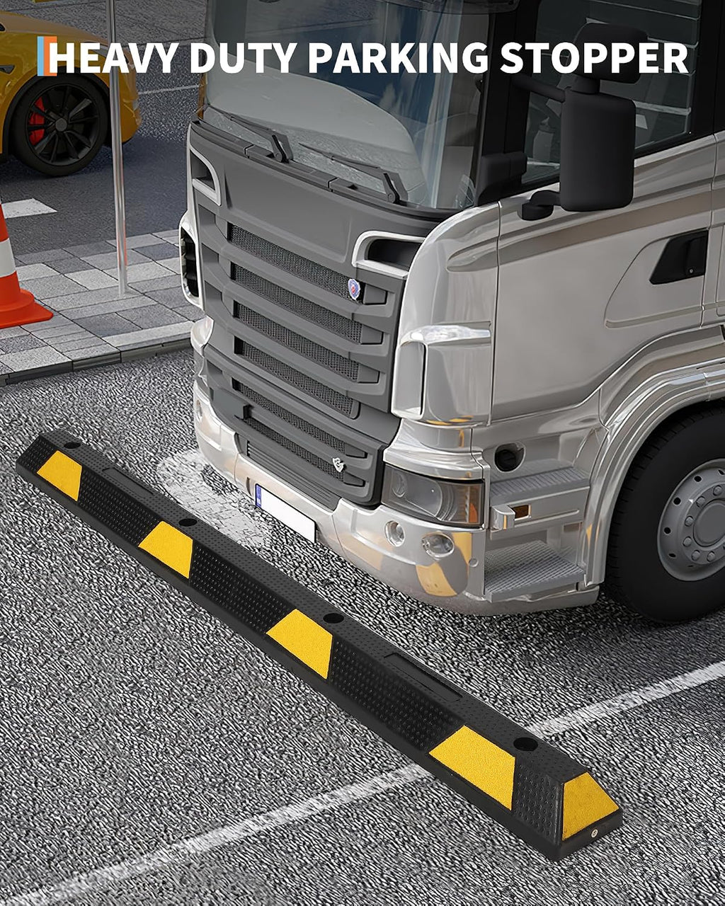 72 in Heavy Duty Rubber Parking Curb, 2 PCS Garage Car Wheel Stopper with Yellow & Black Reflective Strips, Durable