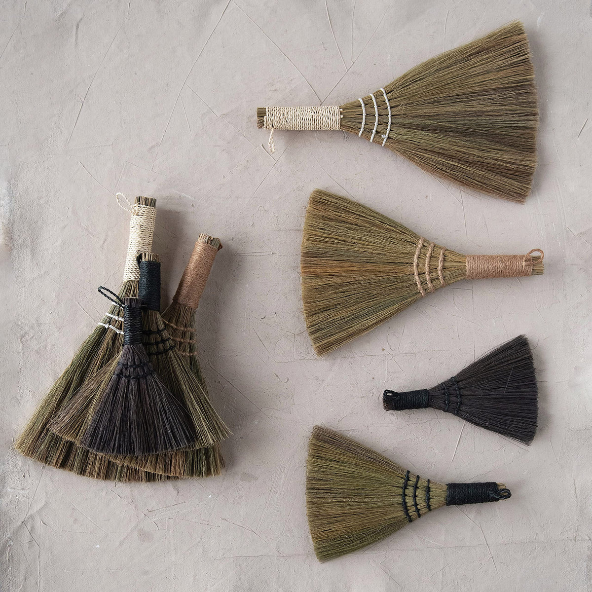 Whisk Brooms with Yarn Wrapped Handles, Multi Color Neutrals, Set of 4