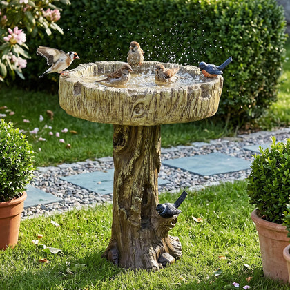 Bird Baths for Outdoor - 24.4" Tall Pedestal Birdbath with Bird, Fibre Reinforced Concrete with Woodland Tree Trunk