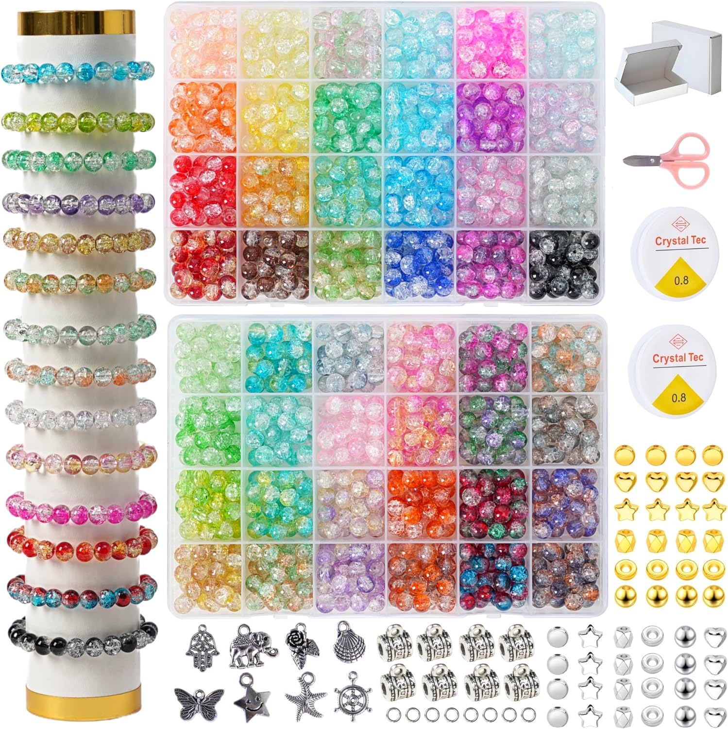1300PCS 8mm Mixed Crackle Glass Beads for Bracelets Making with Accessories, 48 Colors Crystal Glass Beads Jewelry