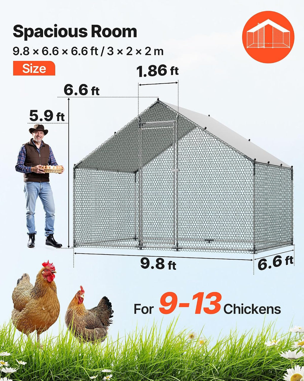Large Metal Chicken Coop with Run, Walkin Chicken Coop for Yard with Waterproof Cover, 6.5 x 9.8 x 6.5 ft, Spire Roof