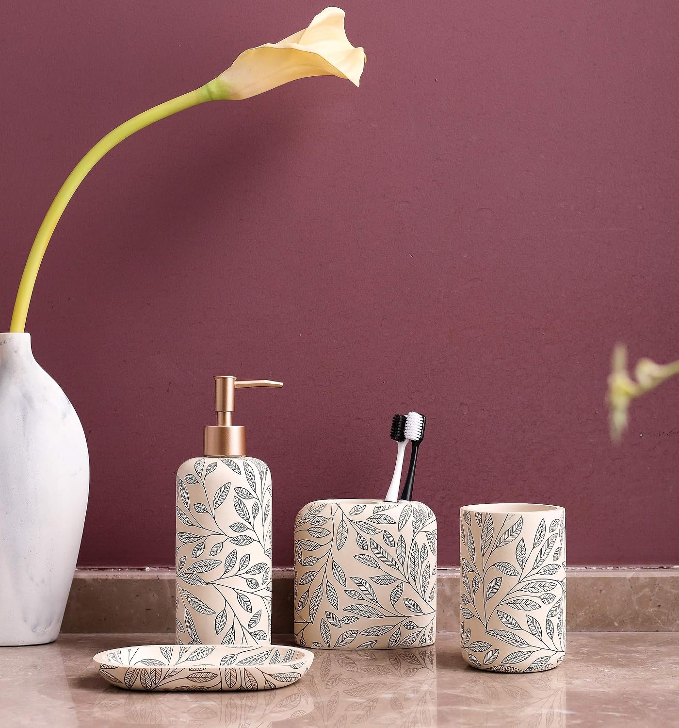 Bathroom Accessories Set,Toothbrush Holder,Farmhouse Bathroom Decor,4 Pcs Resin Gift Set Apartment Necessities