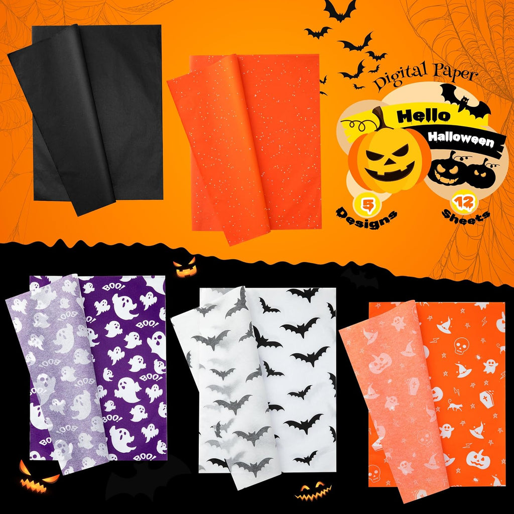 Halloween Tissue Paper for Gift Bags, 5 Designs 60 Sheets