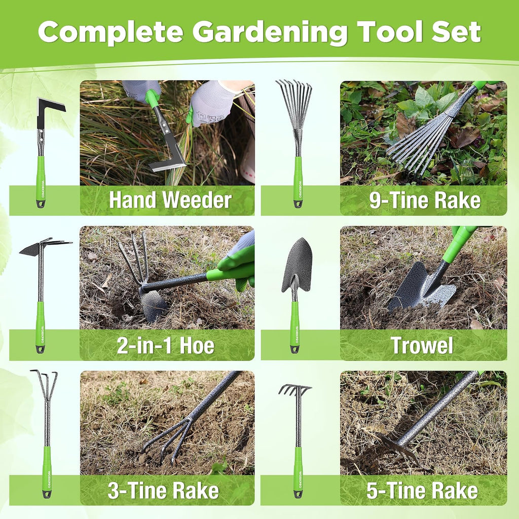 6-Piece Garden Tool Set, Heavy Duty Gardening Hand Tools with Soft Rubber Handle, Including Trowel, Rakes, 2-in-1 Hoe
