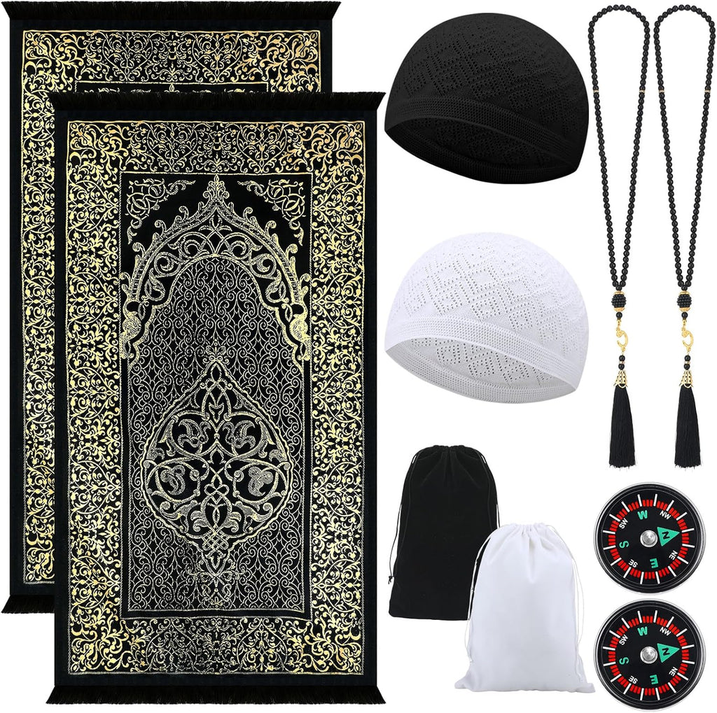 10 Pcs Muslim Prayer Rug Islamic Prayer Mat with Kufi Hats Prayer Cap, Muslim Tasbih Prayer Beads, Portable Compass