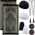 10 Pcs Muslim Prayer Rug Islamic Prayer Mat with Kufi Hats Prayer Cap, Muslim Tasbih Prayer Beads, Portable Compass