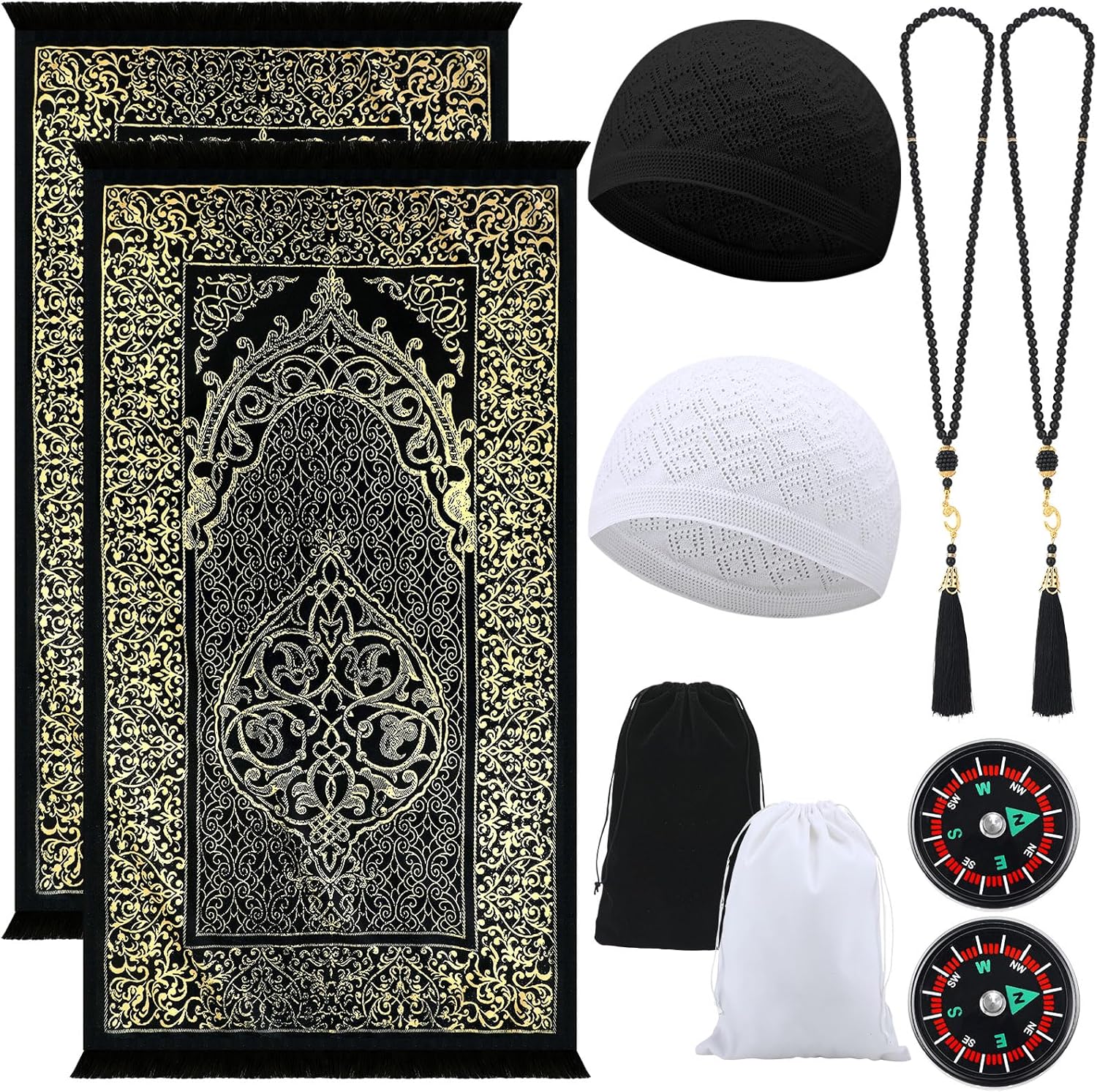 10 Pcs Muslim Prayer Rug Islamic Prayer Mat with Kufi Hats Prayer Cap, Muslim Tasbih Prayer Beads, Portable Compass