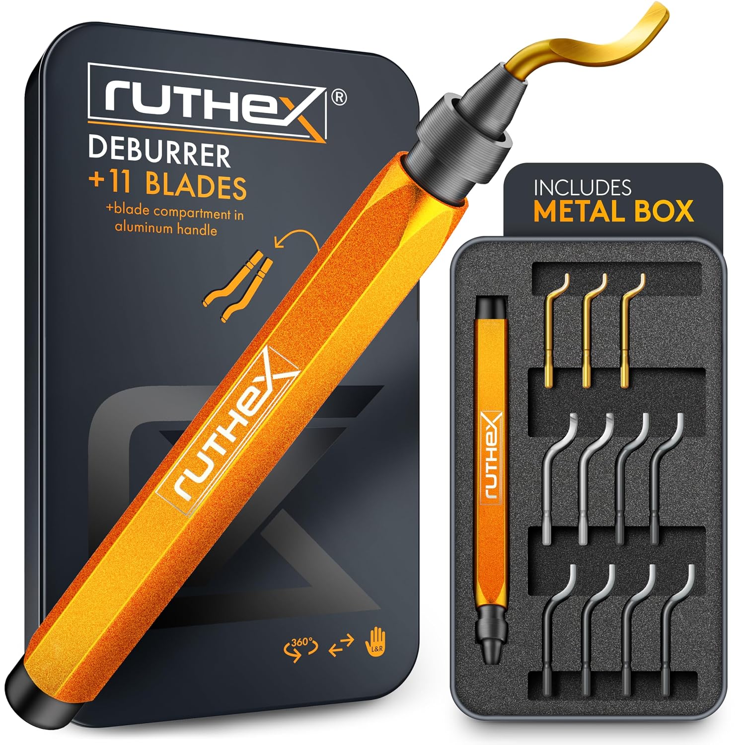 Deburring Tool (11 Blades) in Metal Box – Manual Debur Tool with Storage in Handle – Ideal Deburring Tool for Metal
