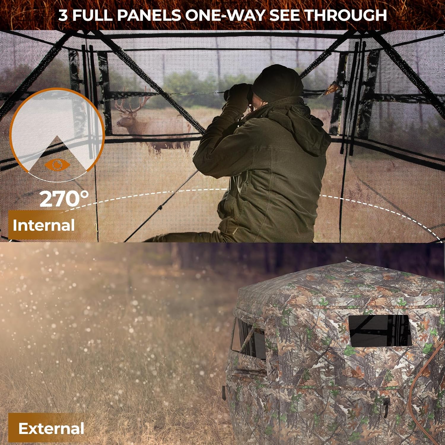 Portable Hunting Blind - 270°/360°See Through with Waterproof Floor Mat | Detachable Ground Mat, Silent Adjustable