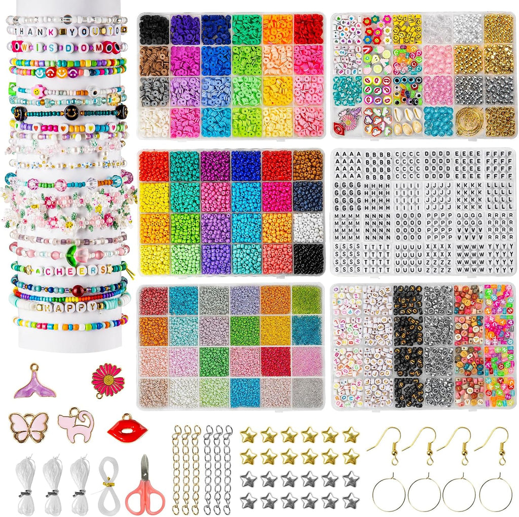 Friendship Bracelet Kit, 16000 pcs with Seed Beads (2/3/4mm), Clay Beads, 7 Styles Letter Beads (A-Z), Variety of