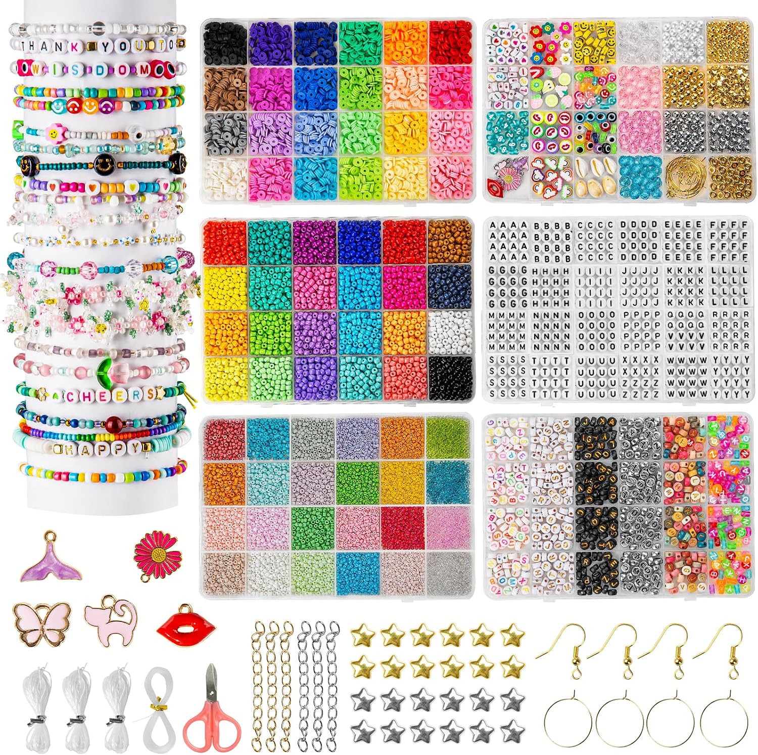 Friendship Bracelet Kit, 16000 pcs with Seed Beads (2/3/4mm), Clay Beads, 7 Styles Letter Beads (A-Z), Variety of