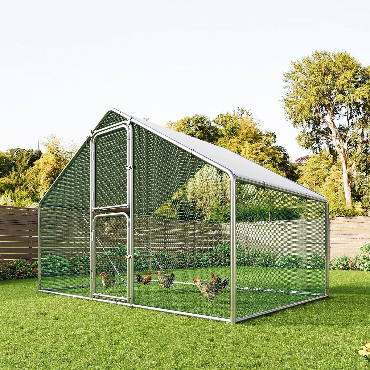 Large Metal Chicken Coop 10x6.5 FT Walk in Chickens Run with Chicken Roosting Perch, Outdoor Chicken House with