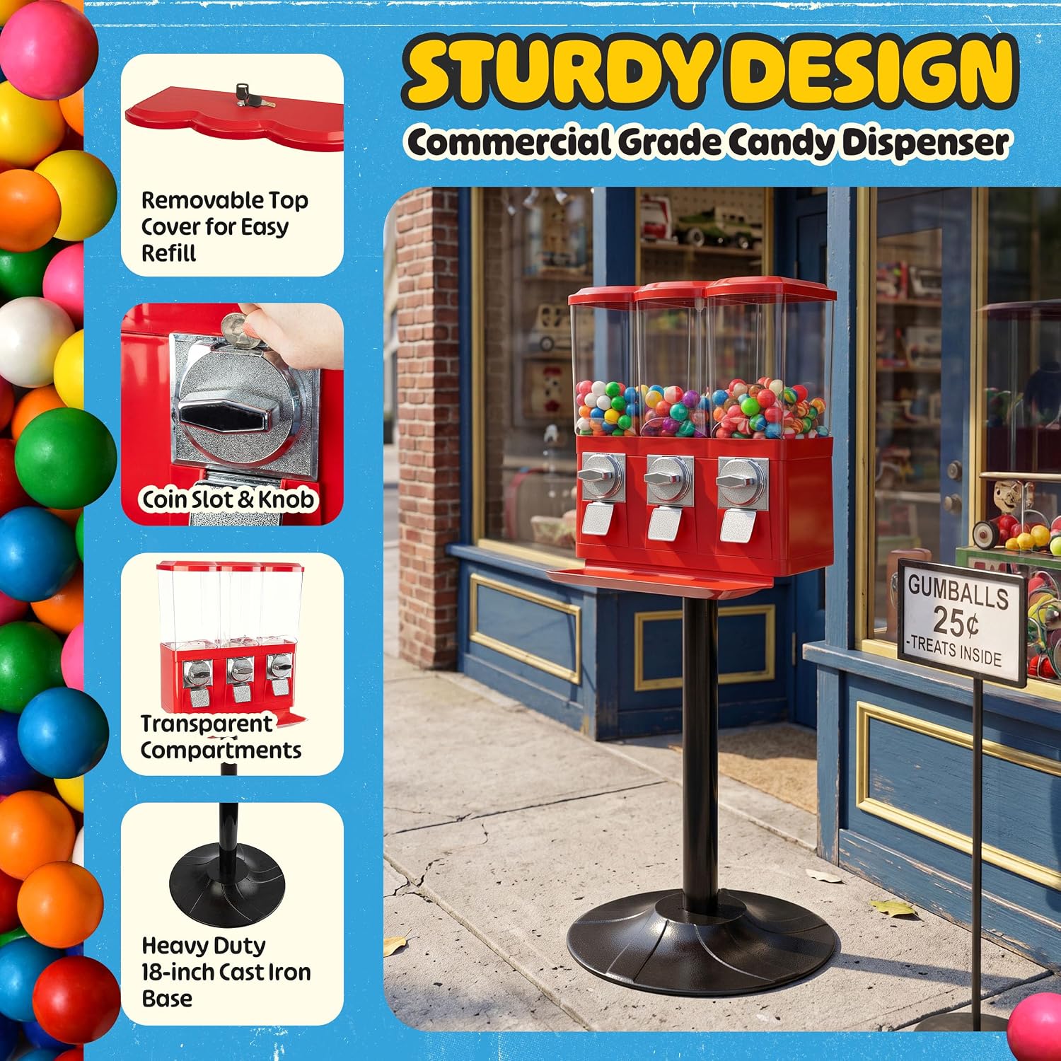 Popcorn 3 Compartment Gumball Machine, Red