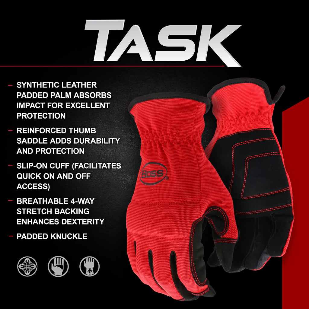 Men's Task 3-Pack High Performance Synthetic Leather Palm Work Gloves, High Dexterity, Knuckle Padding, Comfort