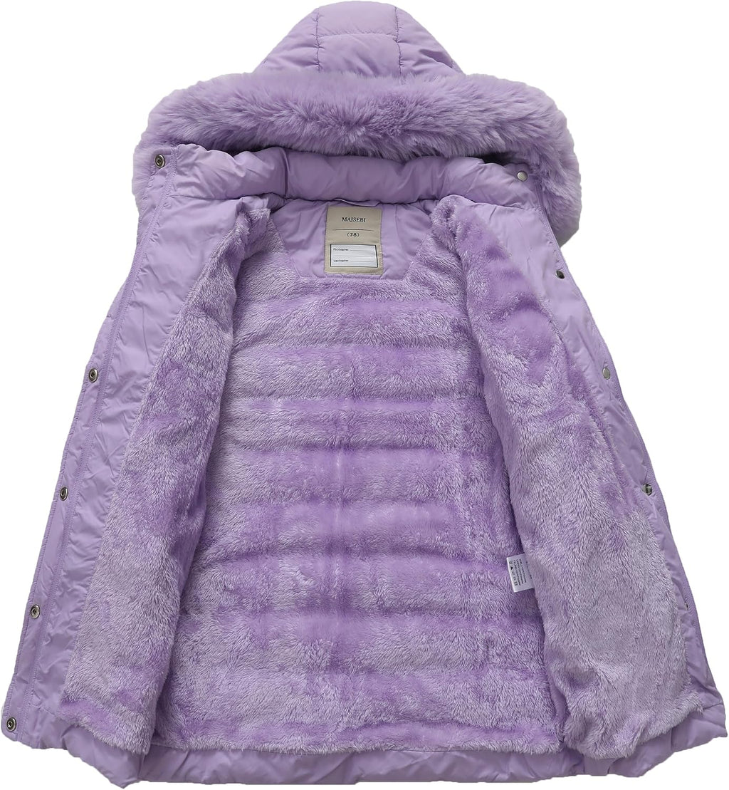Girls Long Puffer Winter Coat Kid's Removable Hood Parka Jacket | Waterproof Polyester Outer, Soft Fleece Lined