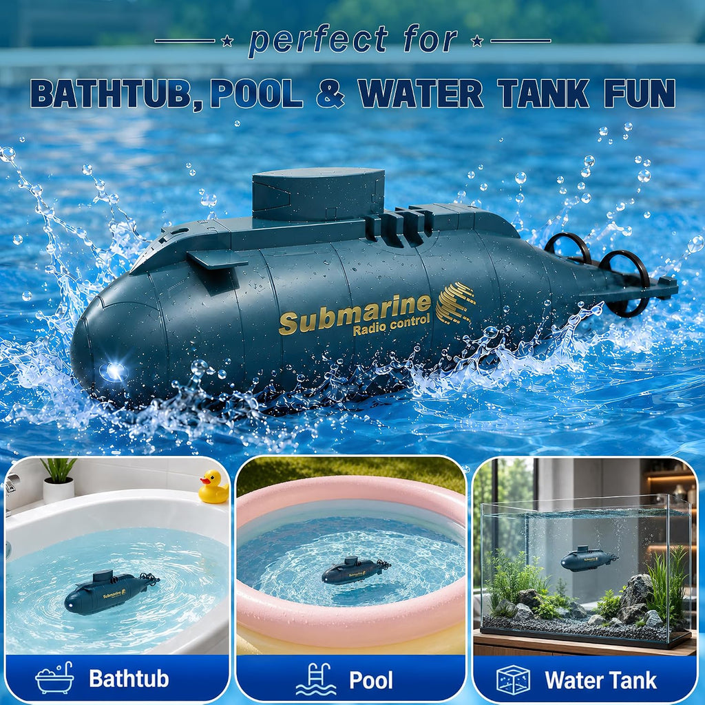 Mini RC Submarine for Kids, Remote Control Electric Dive Boat with Lights | STEM Water Toy for Pool, Bathtub and