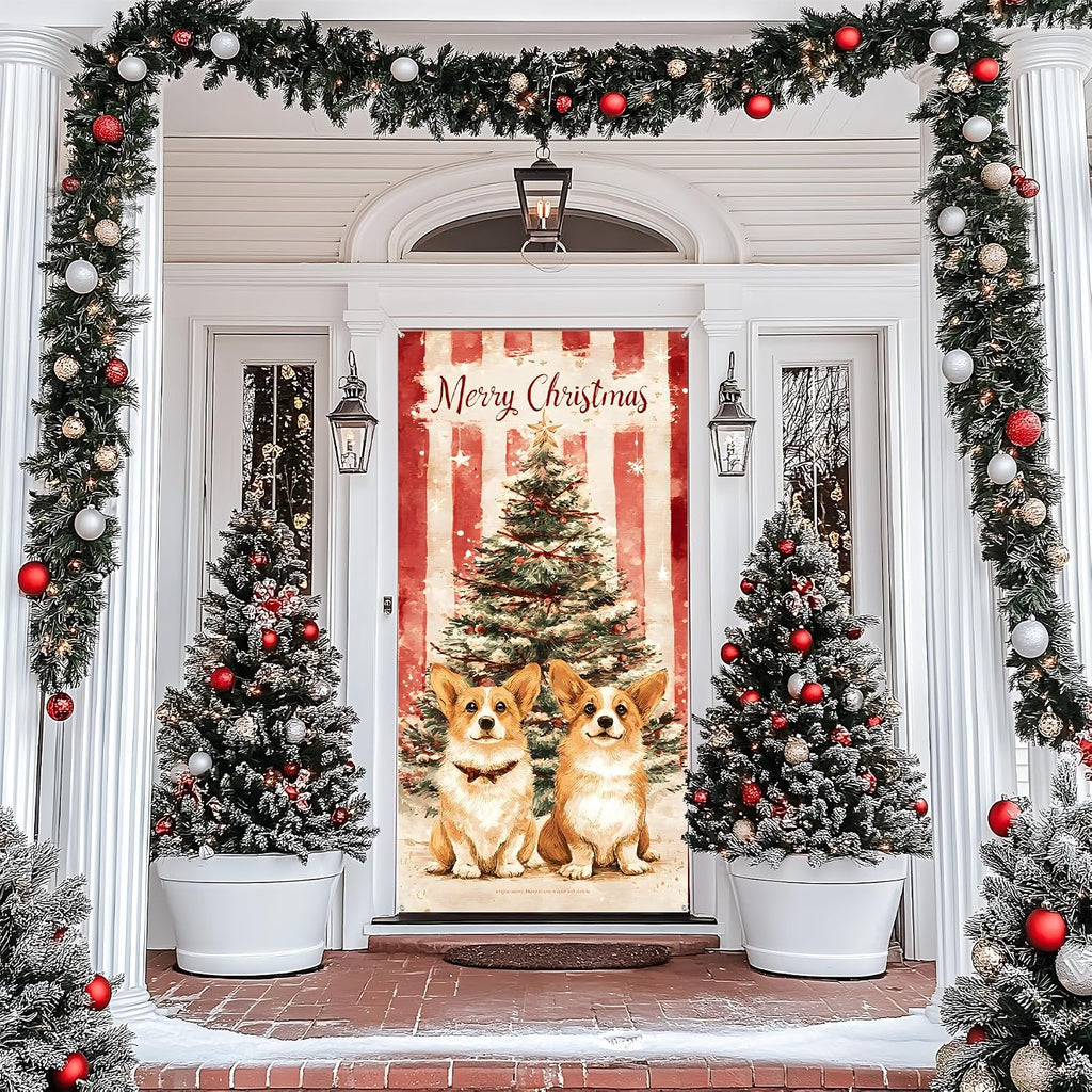 Christmas Front Door Decoration Set, Indoor Outdoor Holiday Porch Display with LED Garland, Wreath, Santa Figure