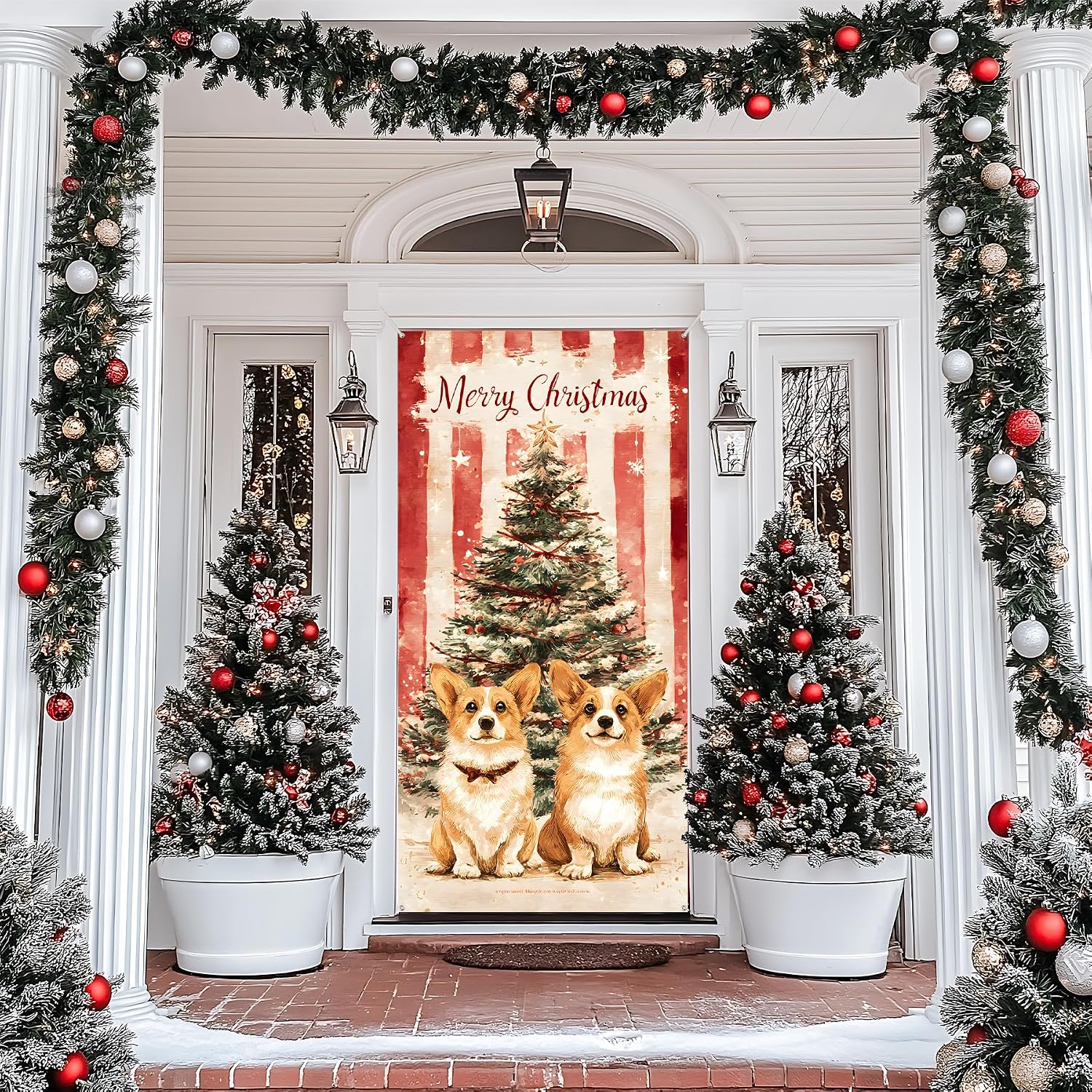 Christmas Front Door Decoration Set, Indoor Outdoor Holiday Porch Display with LED Garland, Wreath, Santa Figure
