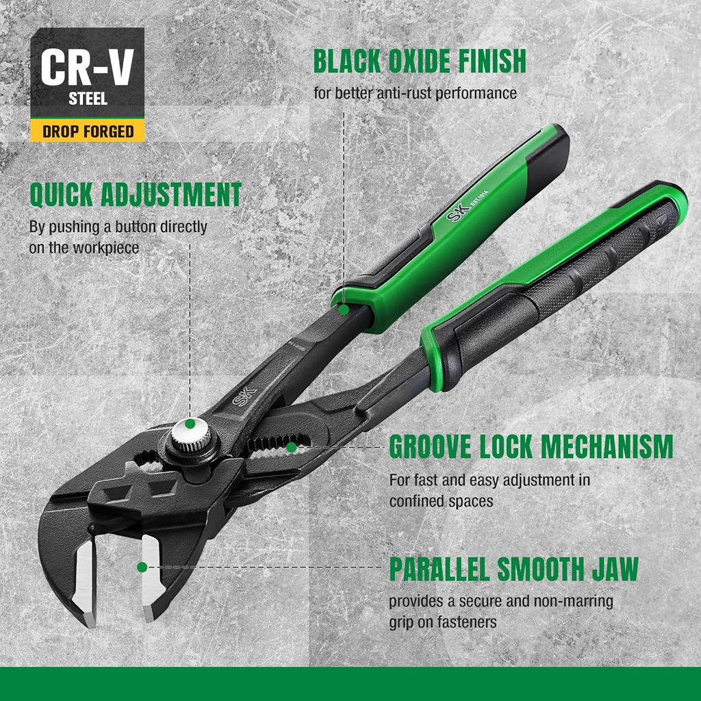 5-Piece Pliers Set, 8" Adjustable Joint, 8", 10" and 12" Quick Adjust V-Jaw Groove Joint, 10" Pliers Wrench, Premium