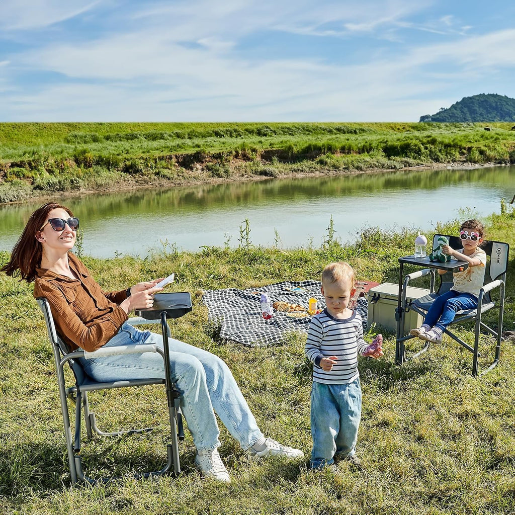 Director Camping Chair with 2-Way Rotating Side Table, 300 lb, Gray | Height-Adjustable Swivel Tray with Cup Holder