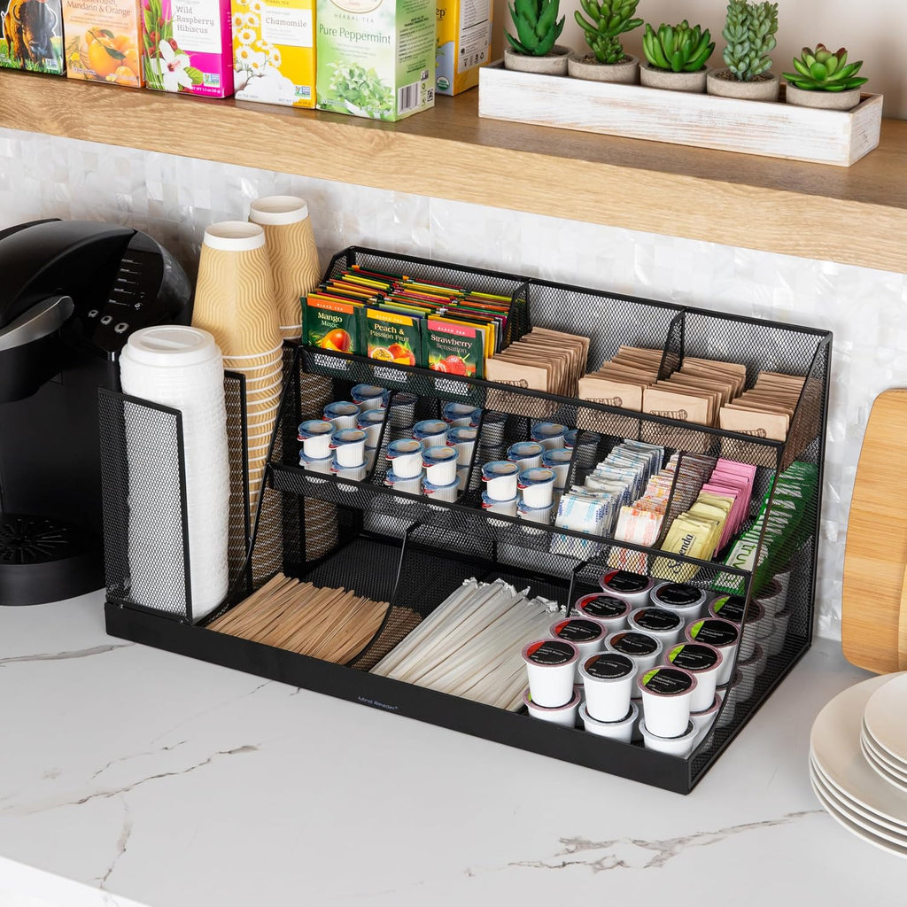 Cup and Condiment Station, Breakroom Countertop Organizer, 3-Tier Storage for Office Coffee Stations and Shared