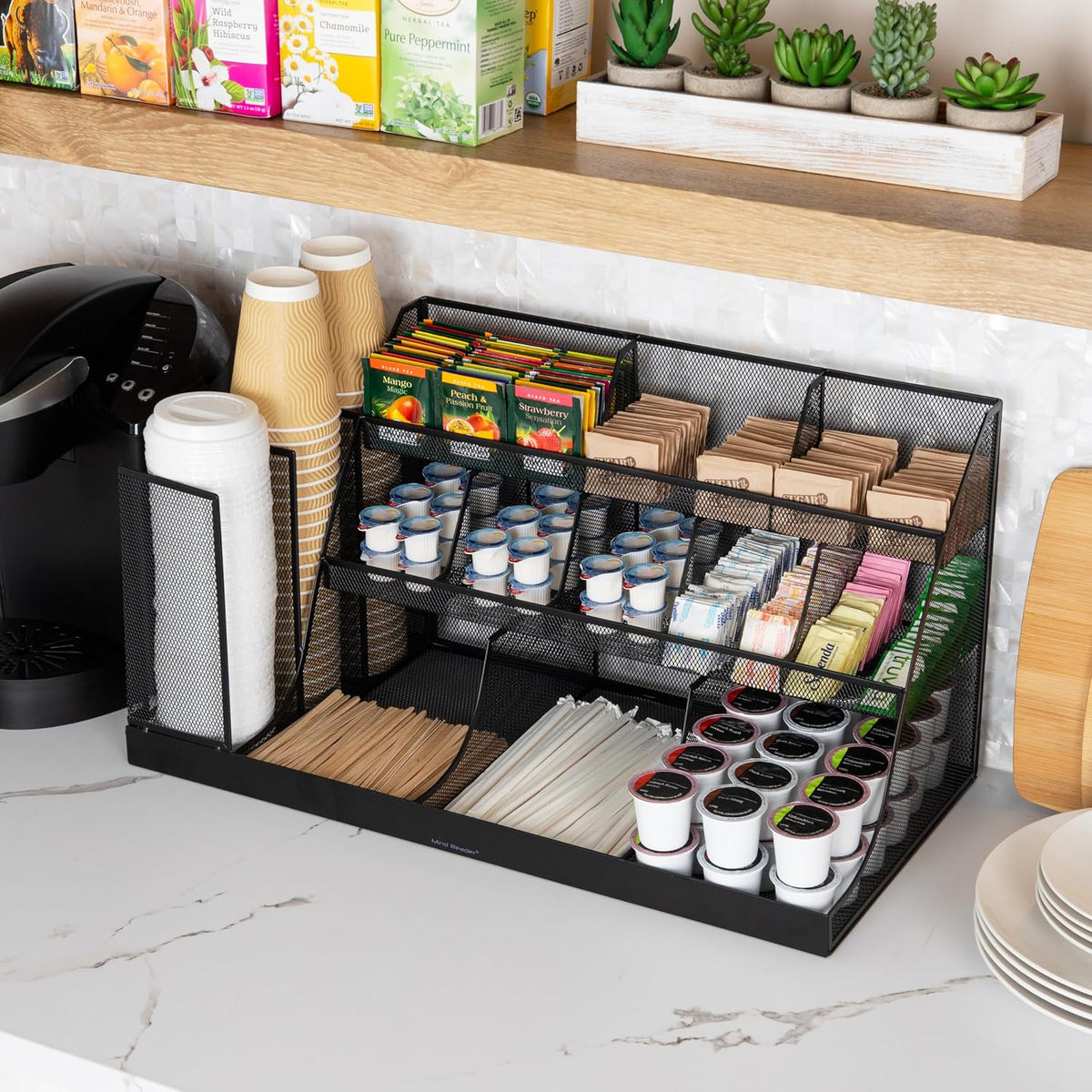 Cup and Condiment Station, Breakroom Countertop Organizer, 3-Tier Storage for Office Coffee Stations and Shared
