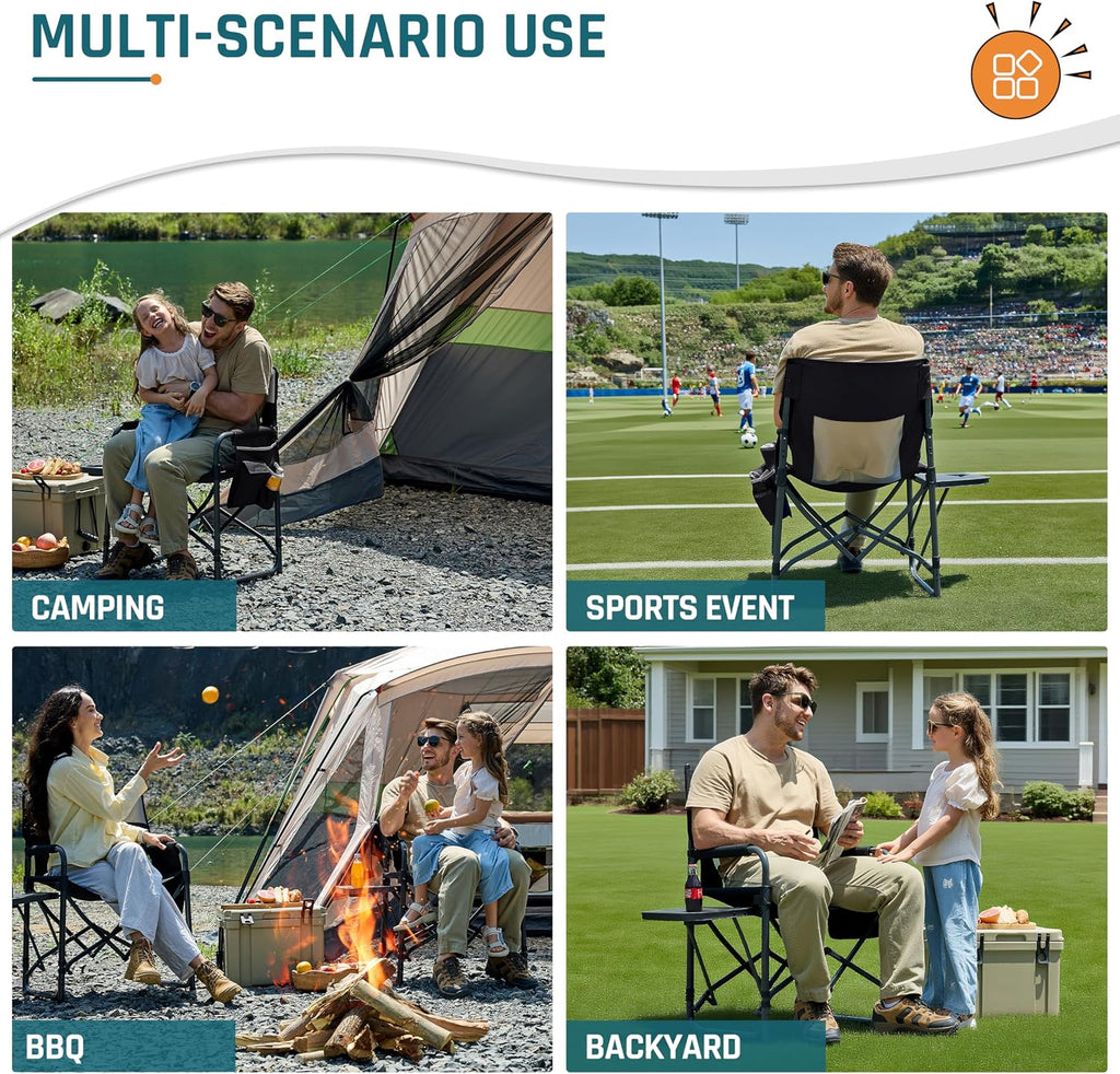 Camping Chairs for Adults Directors Chair with Side Table, 1-Step Setup, Mesh Backrest Folding Lawn Chairs with