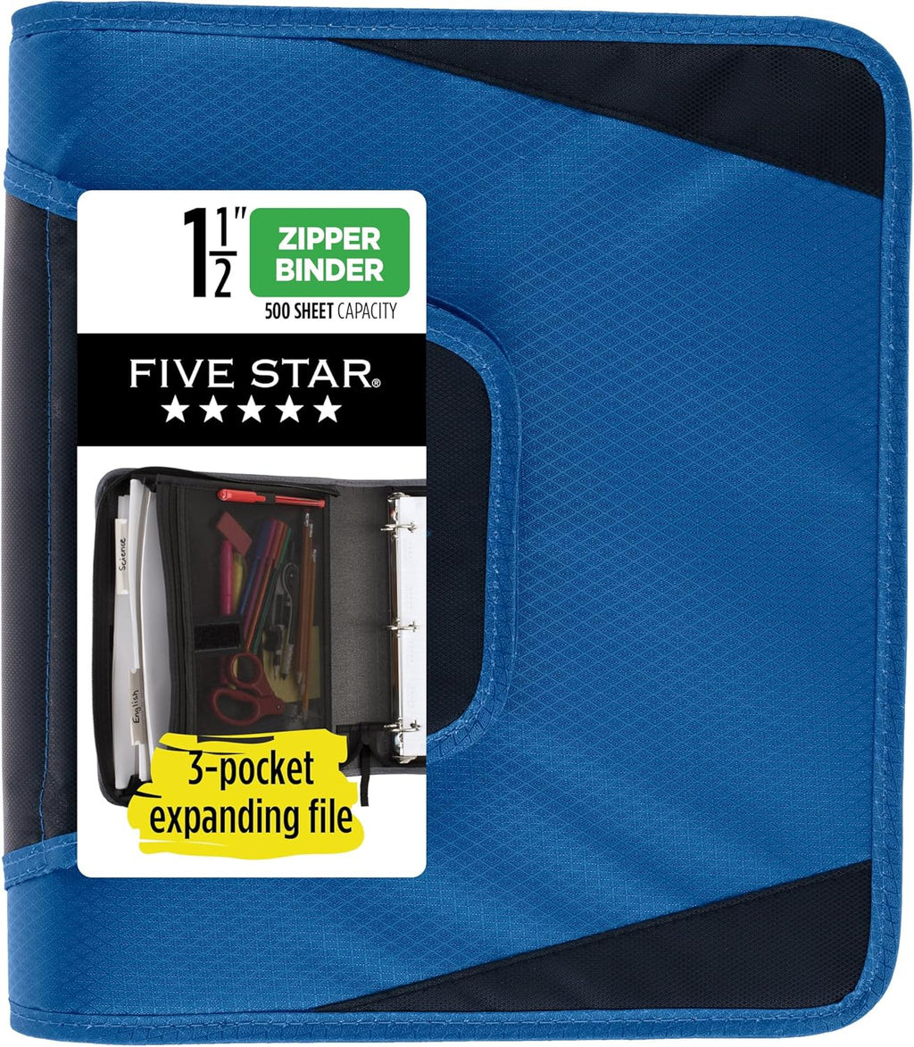 Zipper Binder, 1-1/2 Inch 3-Ring Binder with Round Rings, 3-Pocket Expanding File, 500 Sheet Capacity, Blue (72202)