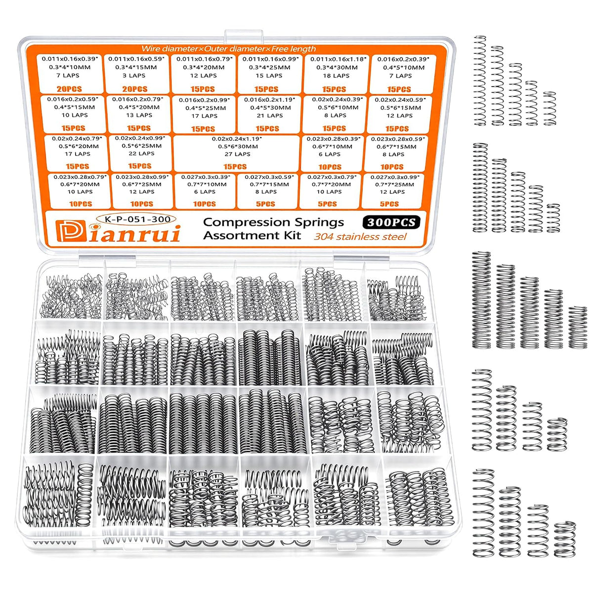 300PCS Compression Springs Assortment Kit 23 Different Sizes Small Spring 304 Stainless Steel Mechanical Mini Springs
