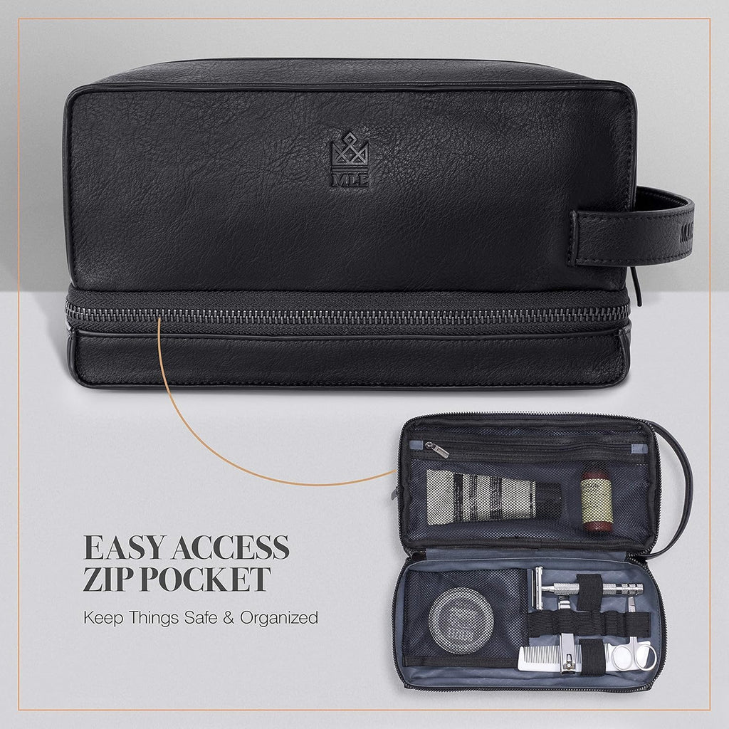 Mens Leather Toiletry Bag – Travel Dopp Kit, Shaving Bag, Grooming & Hygiene Organizer, Leather Toiletry Bag for Men