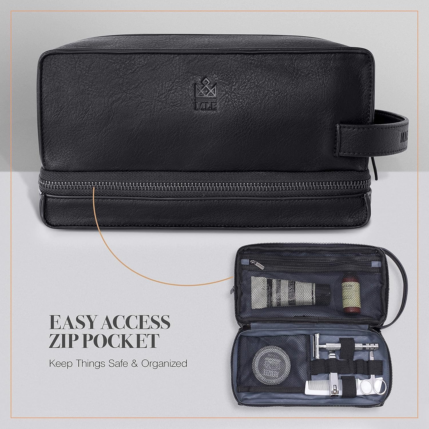 Mens Leather Toiletry Bag – Travel Dopp Kit, Shaving Bag, Grooming & Hygiene Organizer, Leather Toiletry Bag for Men