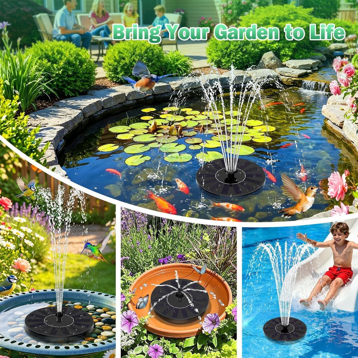 Glass Solar Bird Bath Fountain Pump, 8 Nozzles & 4 Rods, Black