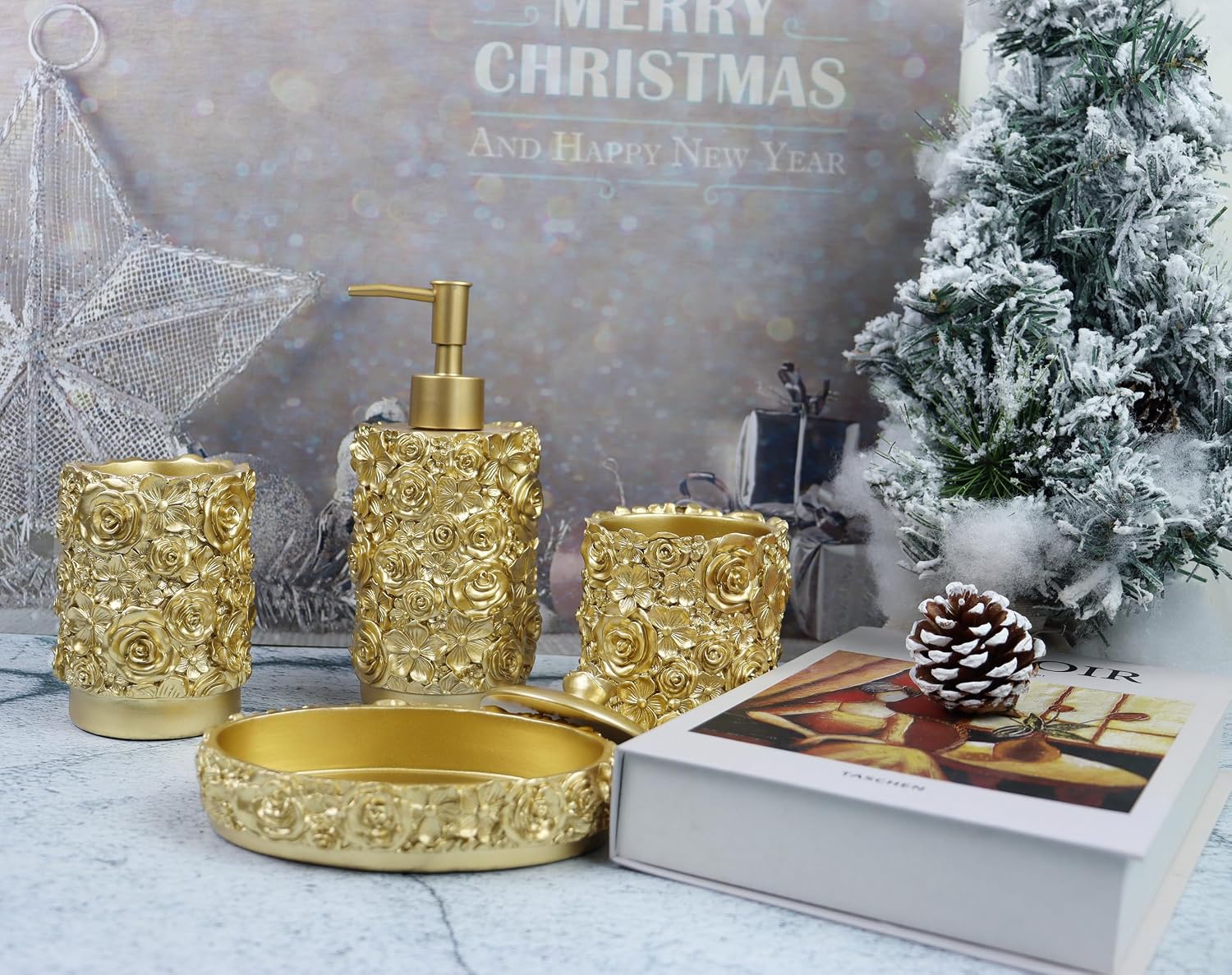 Gold Bathroom Accessories Set,Rose Design Bathroom Set,Farmhouse Bathroom Decor,4 Pcs Resin Gift Set Apartment