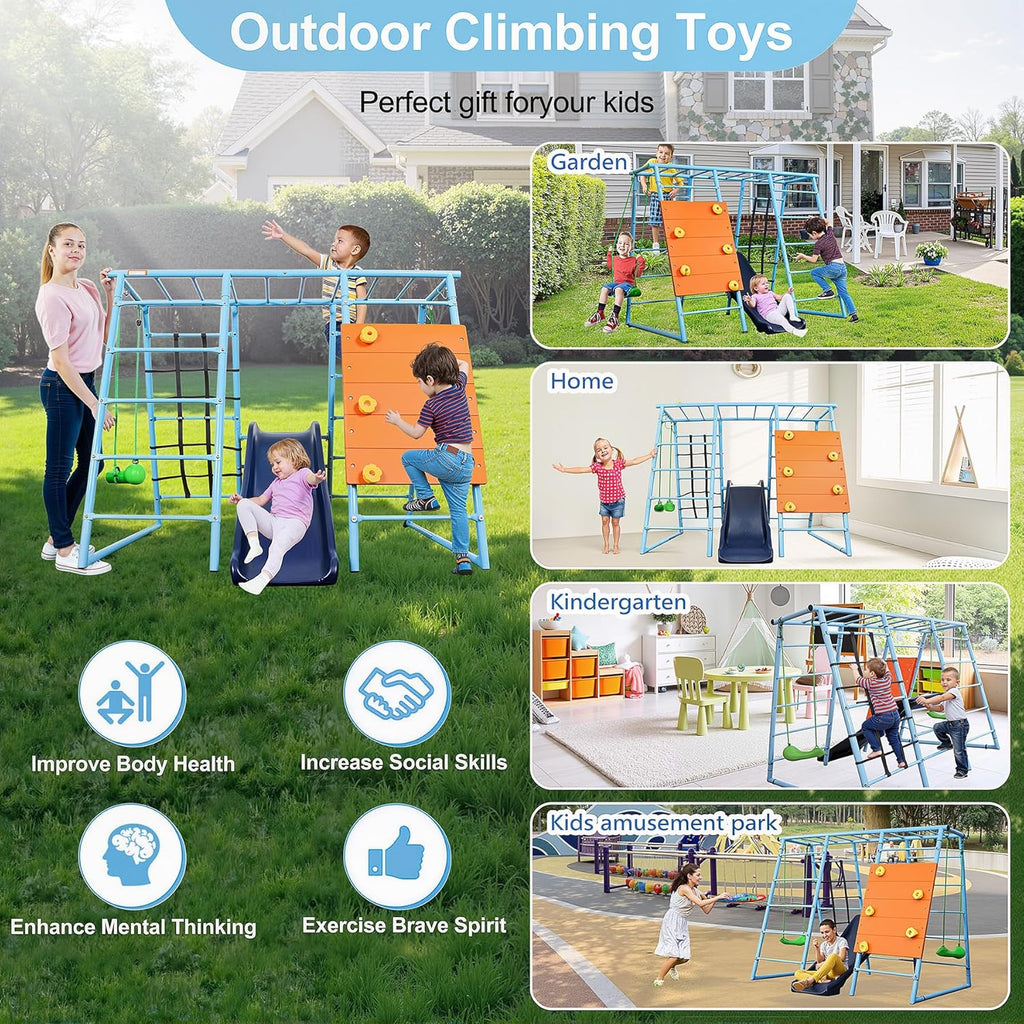 6 in 1 Indoor Playground, Metal Jungle Gym with Climbing Wall, Slide, Monkey Bars, Rope Ladders and Two Swings