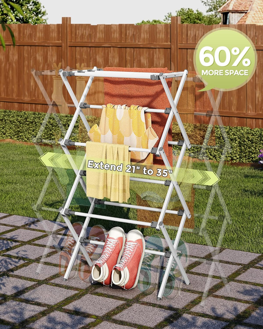 3-Tier Foldable Clothes Drying Rack, 37.6" H, White | Rust-resistant Metal, Tool-free Assembly, Extendable Drying