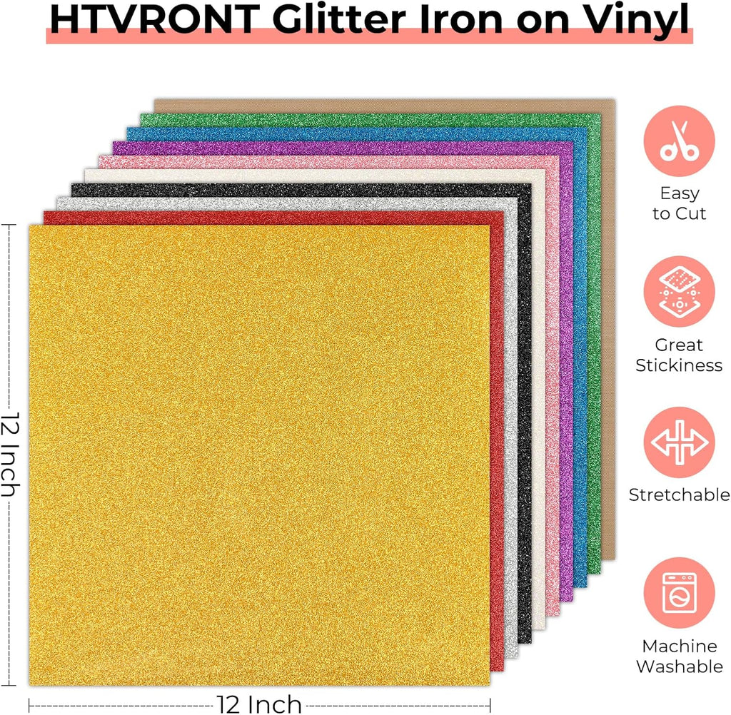 Glitter HTV Heat Transfer Vinyl: 10 Pack 12"x12" Iron on Vinyl | Glitter Iron on Vinyl for T-Shirt (1 PTFE Sheet