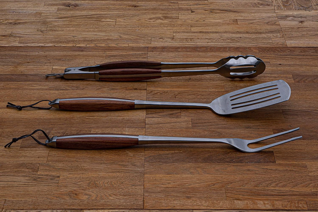 3 Piece Heavy Duty Grill Tool Set – Stainless Steel BBQ Utensils with Rosewood Handles, Spatula, Tongs & Fork –
