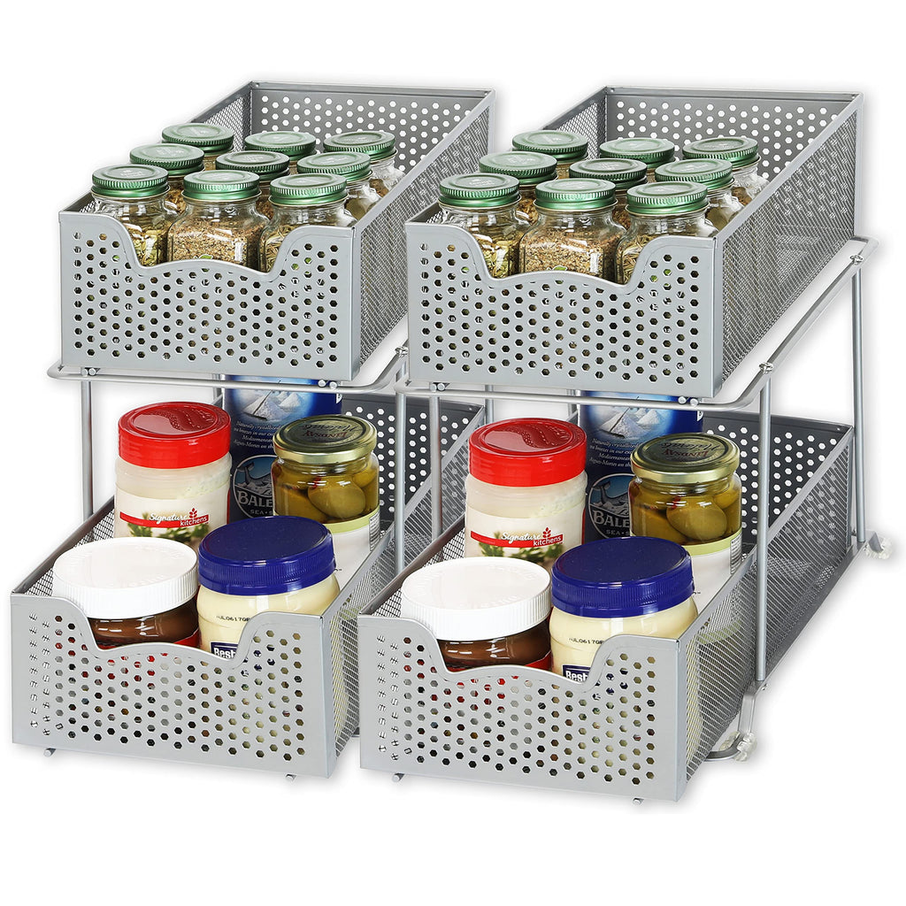 Cabinet 2 Tier Perforated Basket Drawer, Silver - 2 Pack
