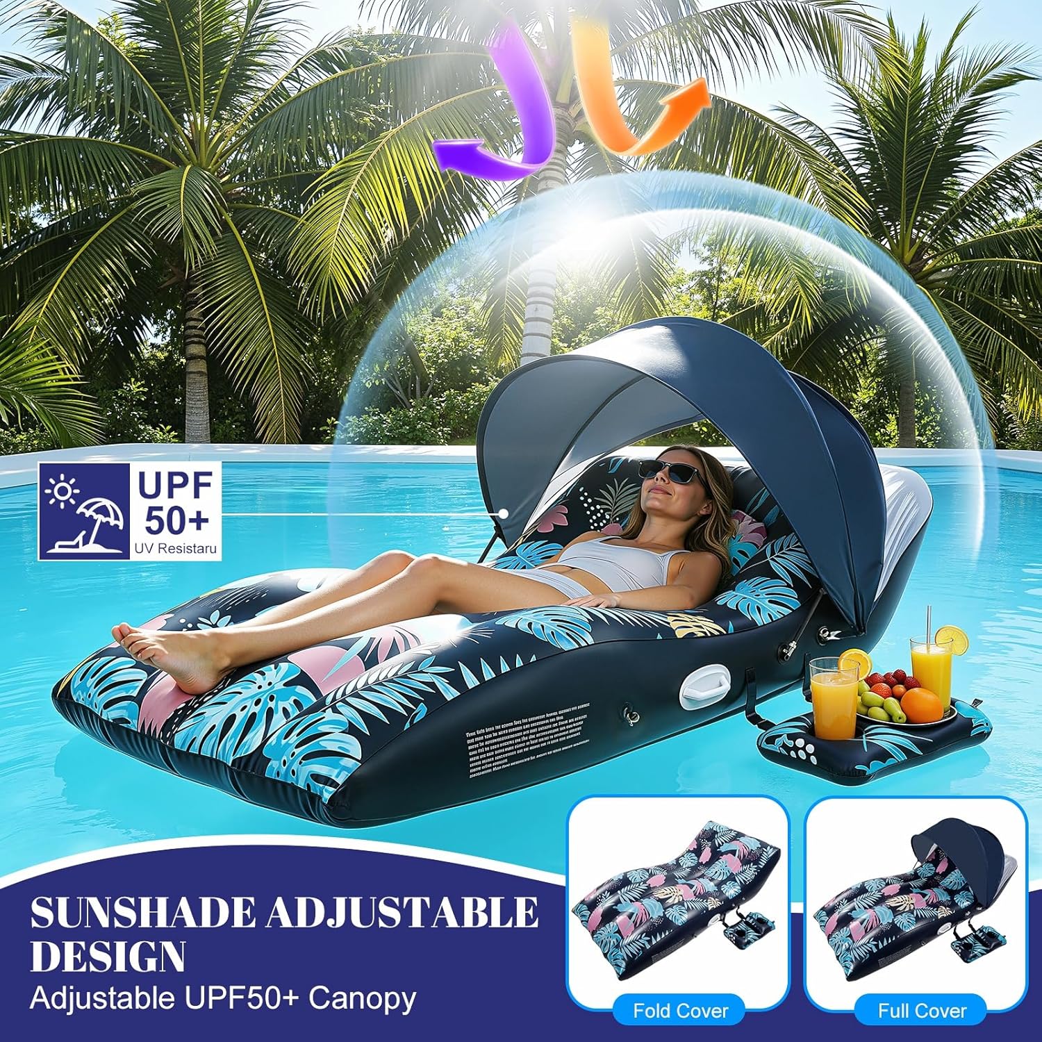 Pool Floats Lounger with UPF50+ Canopy Adjustable, Inflatable Large Floating Chair Ergonomic Design, with Cup