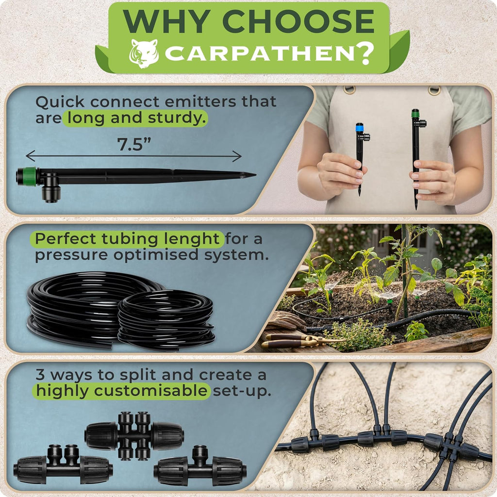 Drip Irrigation System Kit - Complete Quick Connect Garden Watering System with Adjustable Sprinkler Emitters, 5/16"