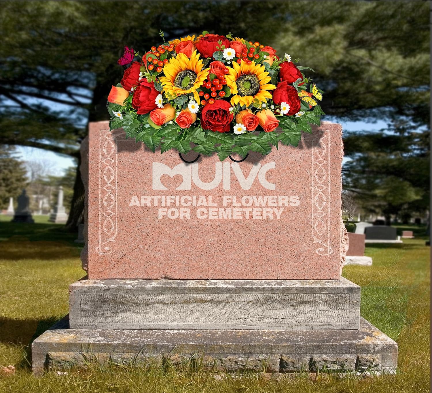 Artificial Cemetery Flowers for Outdoor Grave Decorations - Sympathy Headstone Flower Saddle - Realistic Sunflower Rose