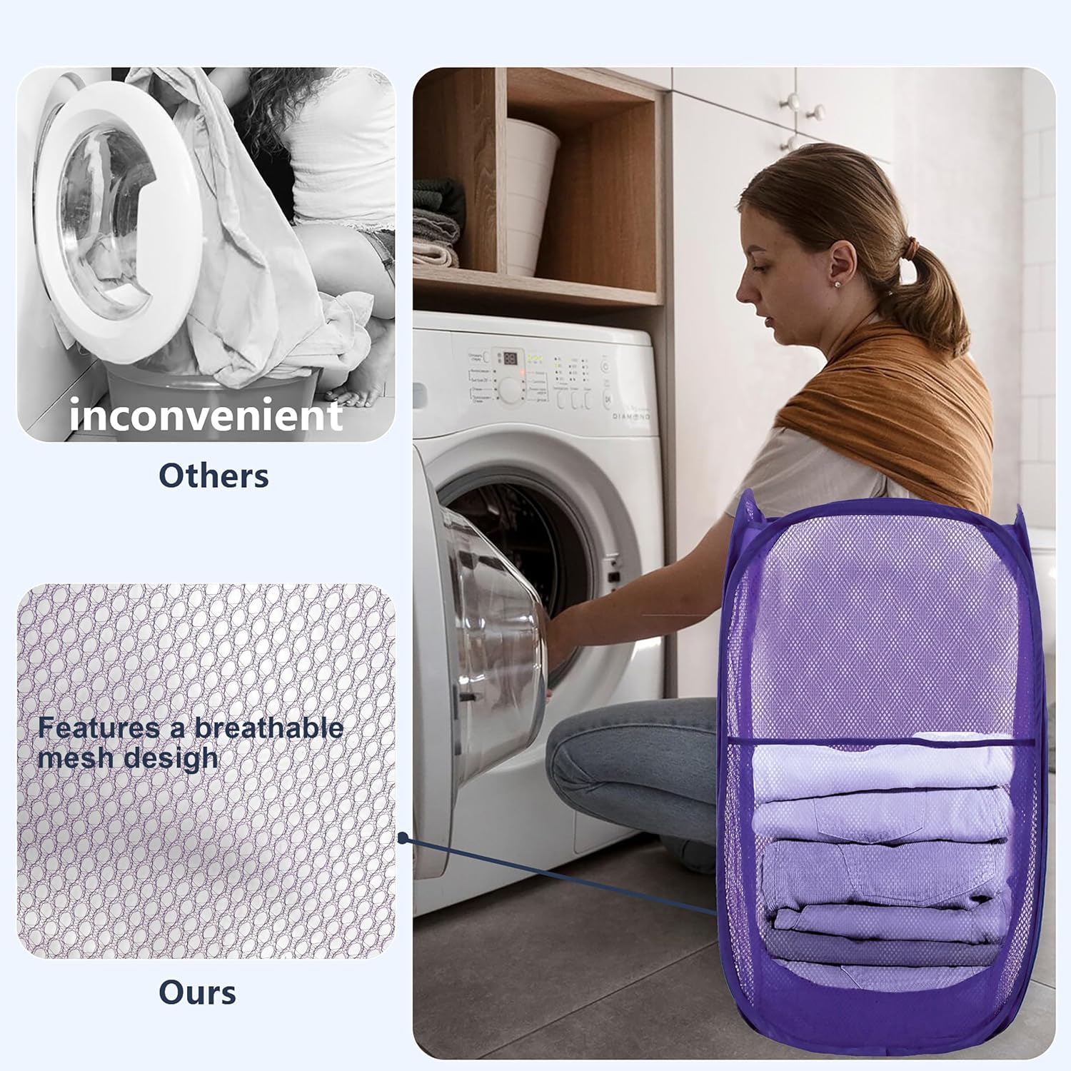 Pop Up Laundry Hamper, Mesh Laundry Basket Collapsible, Foldable Hamper for Travel and Storage (Purple)